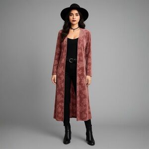 Antistar Long Cardigan Duster Velvet Floral Dusty Rose Pink Boho Glam Open Front